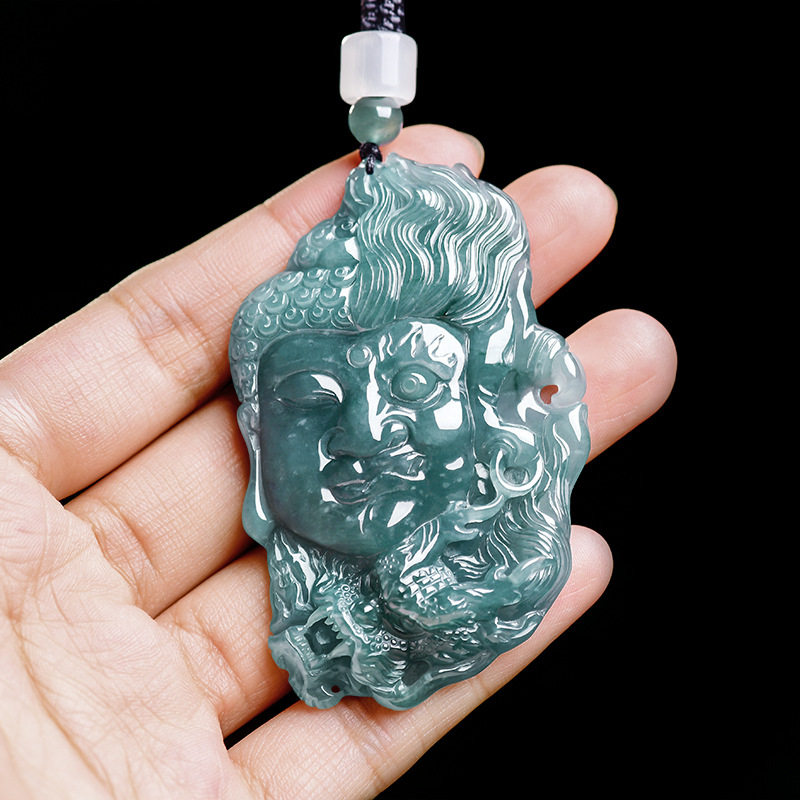 天然A货翡翠蓝水一念成魔玉石吊坠糯冰种男降龙佛像挂坠项链玉坠