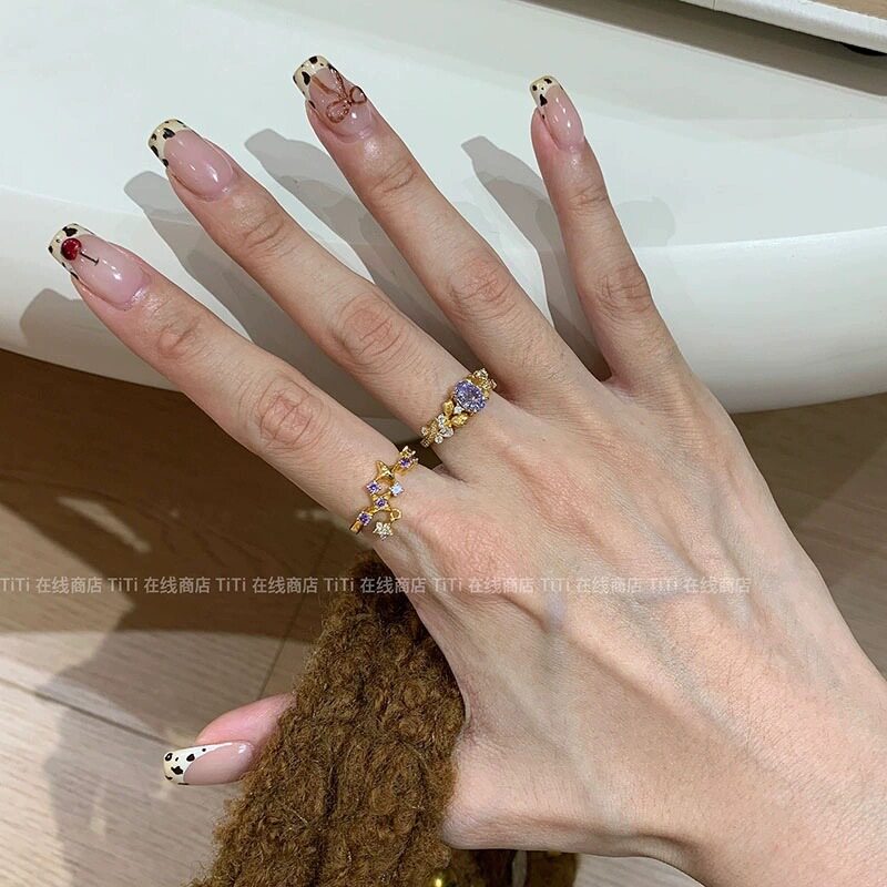 新款中古紫荆花轻奢紫色同款韵味小众高级感开口戒指女指环饰品