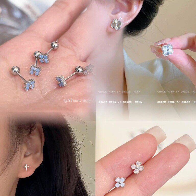 幸运四叶草花瓣四芒星耳钉清新百搭耳饰女