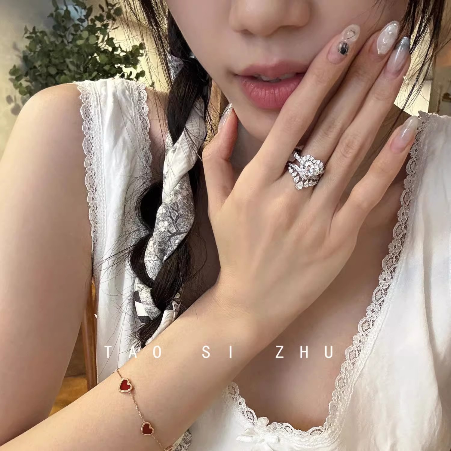 超闪心形锆石V钻王冠锆石轻奢高级感戒指开口戒女生礼物