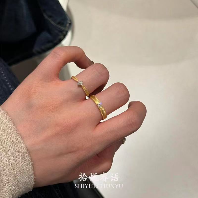 中古拉丝单钻戒指素圈轻奢百搭精致独特情侣对戒钻石婚戒