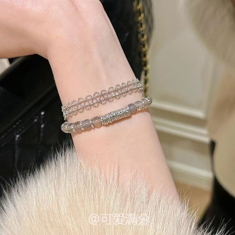 意大利手工银色蕾丝双排手链女叠戴手环手饰温柔气质