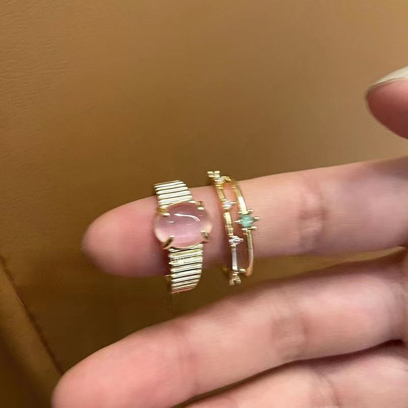 轻奢粉色猫眼石爱心花朵开口戒指小众设计简约指环