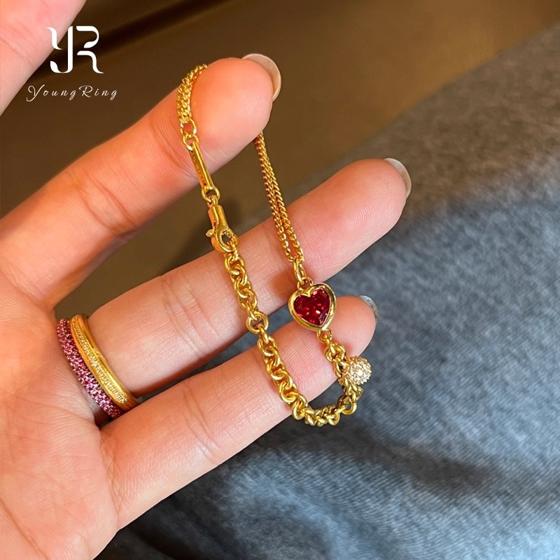 复古红色爱心锆石手链中古vintage高级感金色微镶手饰