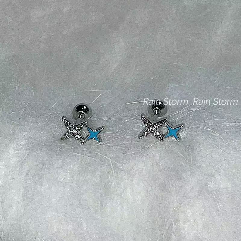 双子四芒星钛钢耳骨钉蓝色滴油星星耳蜗钉超闪精致耳钉