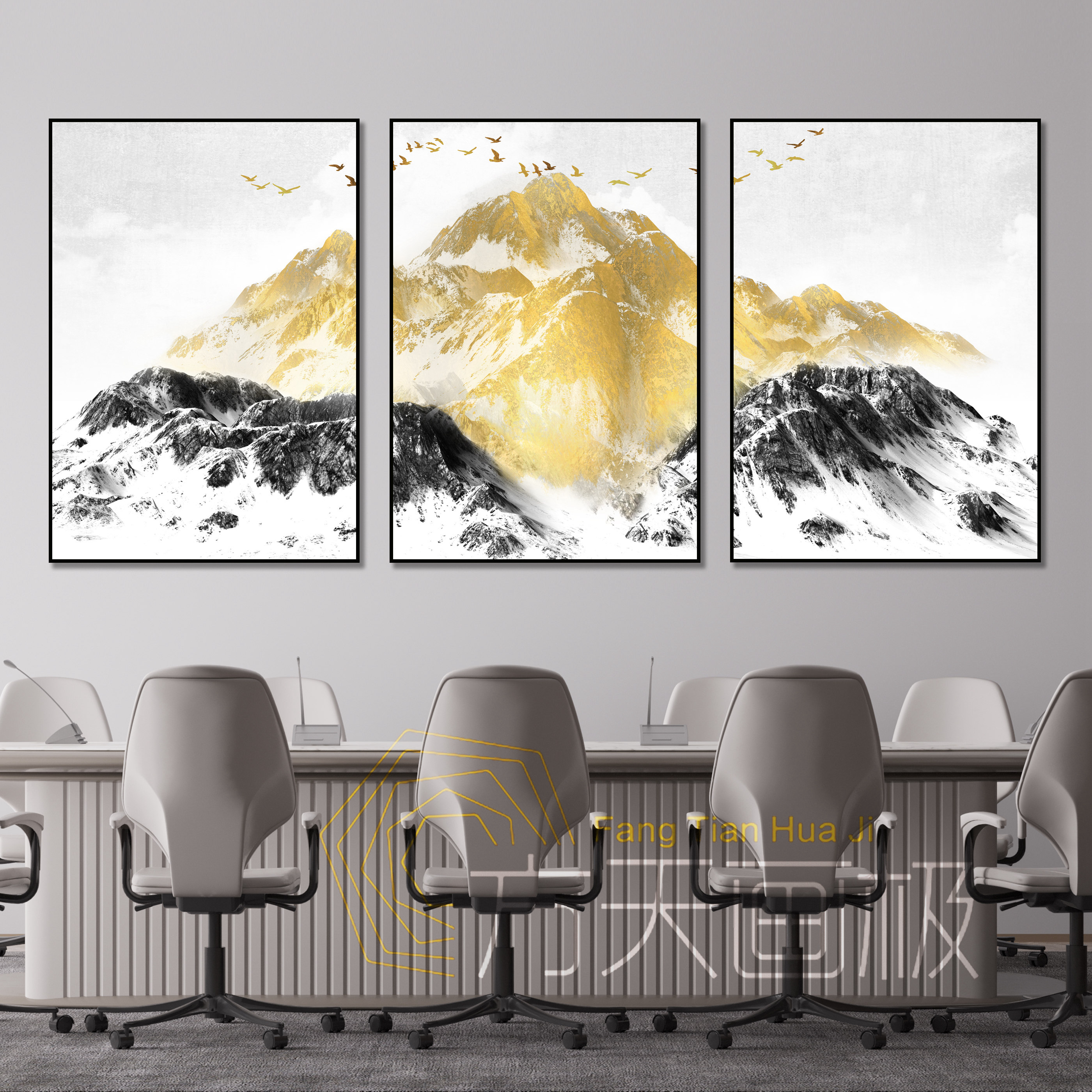 客厅风景装饰画现代简约山水画背靠金山轻奢三联晶瓷镶钻山景壁画