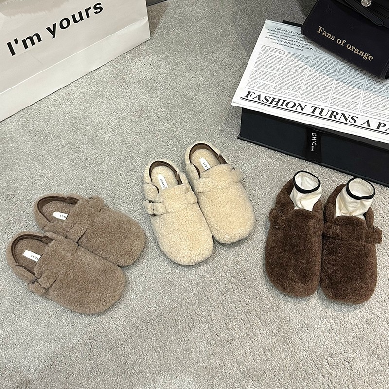 加绒毛毛鞋勃肯鞋女秋冬季新款包头毛绒半拖豆豆鞋棉拖
