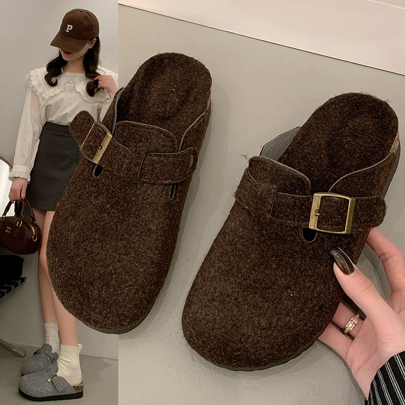 复古厚底森系圆头毛毛勃肯鞋包头半拖女鞋春秋新款懒人单鞋