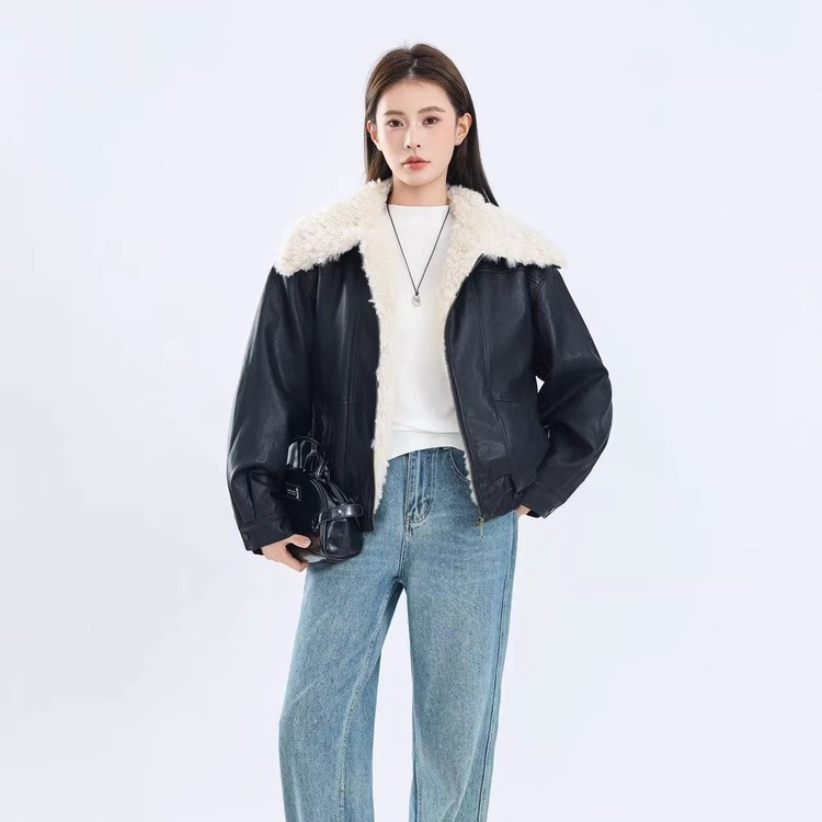 加厚保暖大翻领皮衣夹克短款外套