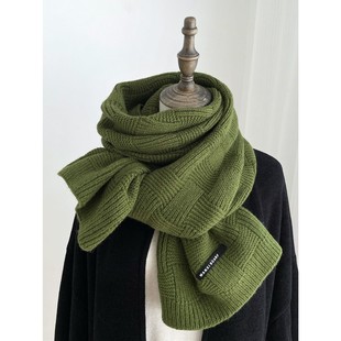 纯色墨绿色小香风格子毛线针织围巾女冬季红色格纹送男生保暖围脖