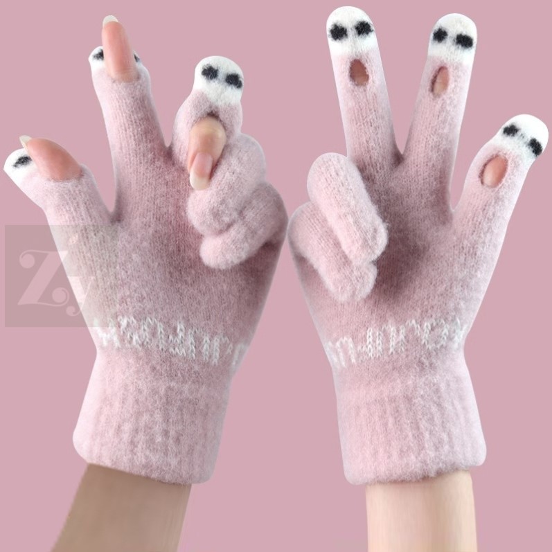 手套女秋冬季露指加绒加厚保暖可手套