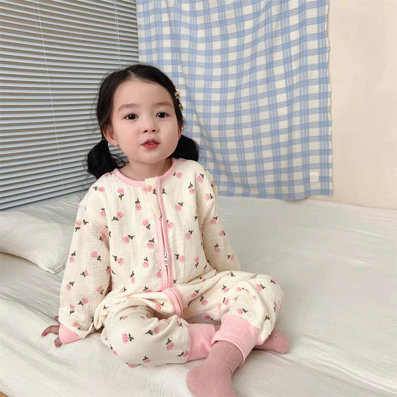 儿童无骨连体睡衣a类全棉纱布春秋薄款宝宝幼女童夏季家居服睡袋