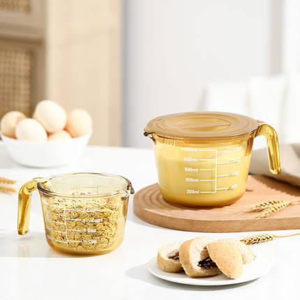康宁玻璃量杯带刻度牛奶杯微波炉可加热家用沙拉杯便携早餐杯带盖