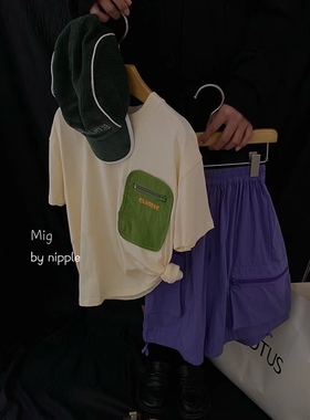 5折大鱼小鱼韩国品牌童装mig夏季口袋灰色米色纯棉短袖T恤韩版