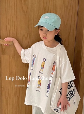 韩国童装男童女童夏款卡通小人短袖纯棉白色