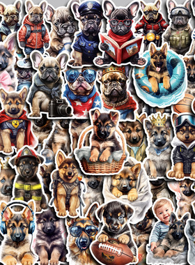 50枚美式法斗德牧犬变装狗狗手帐贴纸行李箱手机壳平板电脑滑板贴
