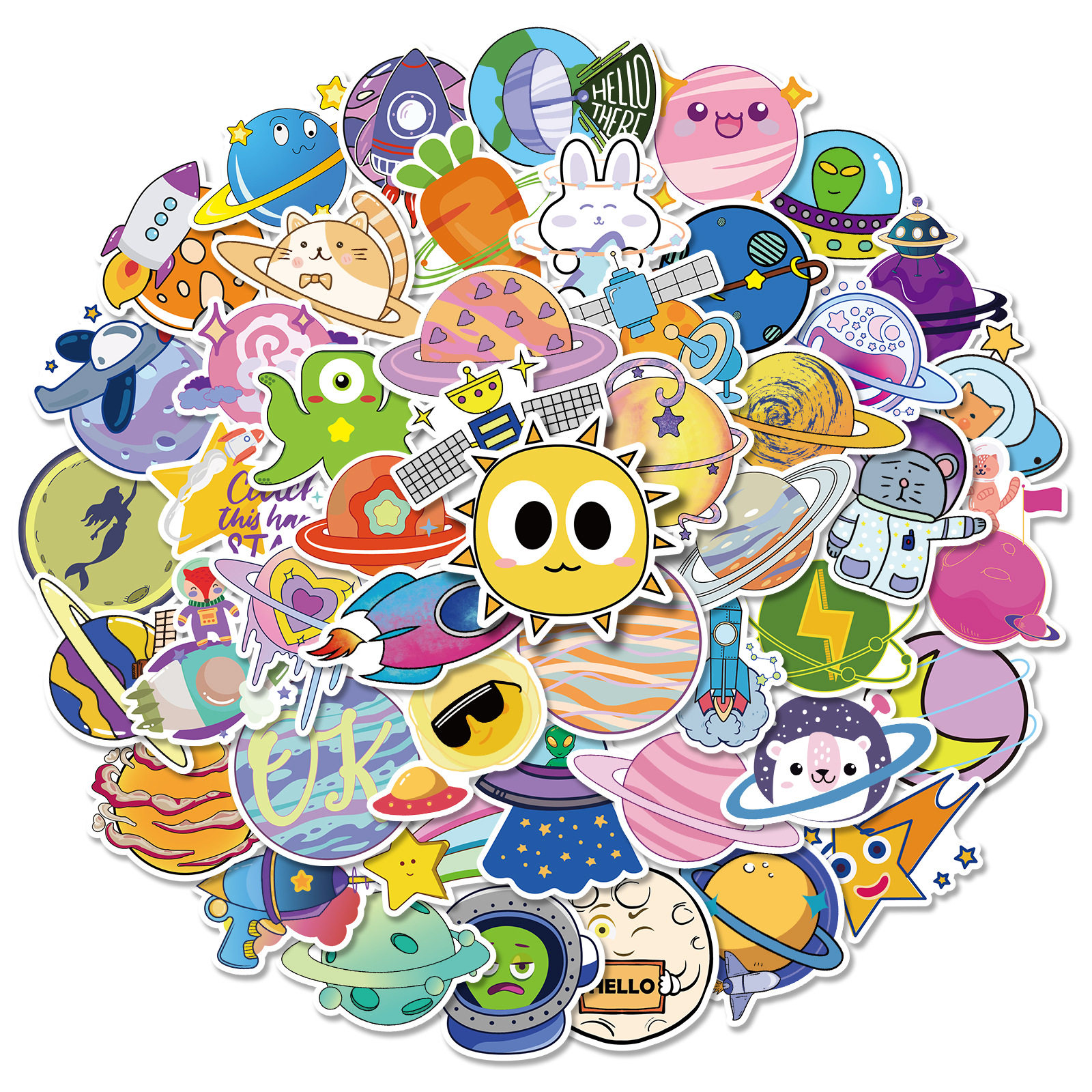 50张q版可爱卡通宇宙星球贴纸个性平板手机滑板扭扭车头盔贴防水