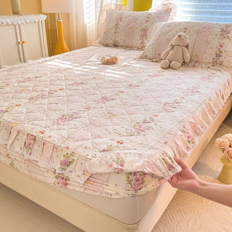 纯棉花边夹棉床笠单件小清新绗缝床垫套防滑保护罩三件套全棉床罩,床上用品,床笠,淘宝优惠券,粉丝福利购,淘宝优惠卷