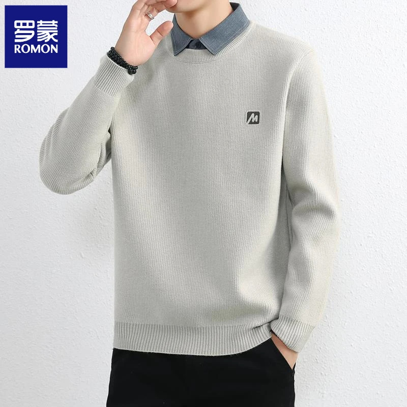 罗蒙假两件毛衣男秋冬季高级感加厚衬衫领针织衫男士商务简约线衣