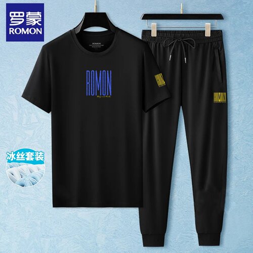 罗蒙夏季休闲t恤冰丝束脚裤套装