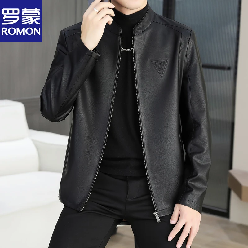 Romon/罗蒙新款男士皮衣休闲皮夹克时尚立领外套百搭纯色加厚皮衣