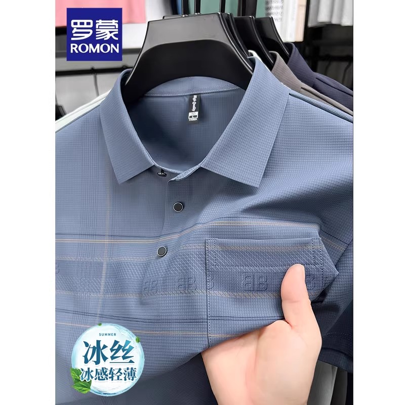 罗蒙中老年爸爸短袖T恤口袋2025新款冰丝polo衫男翻领套装父亲节