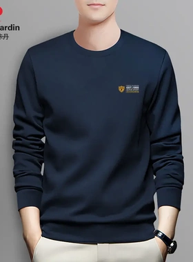 皮尔卡丹上档次男士卫衣商务休闲高端加绒保暖圆领蓝色打底P80281