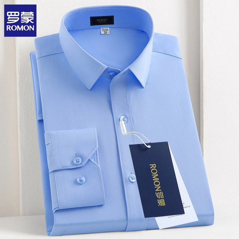 罗蒙男士商务高端休闲浅蓝色薄款抗皱高级感长袖衬衫上班免烫衬衣