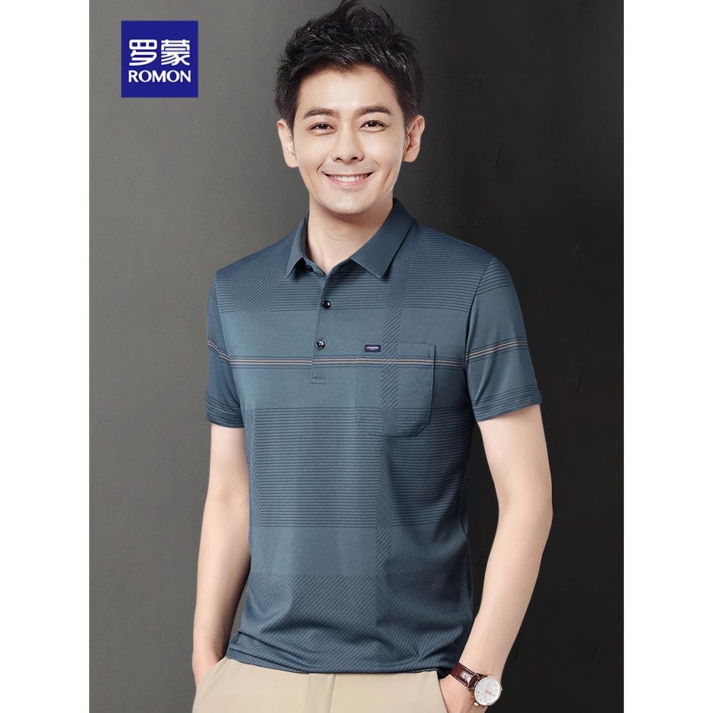 罗蒙男士冰丝短袖Polo衫夏季款中老年父亲爸爸装带翻领T恤上衣服