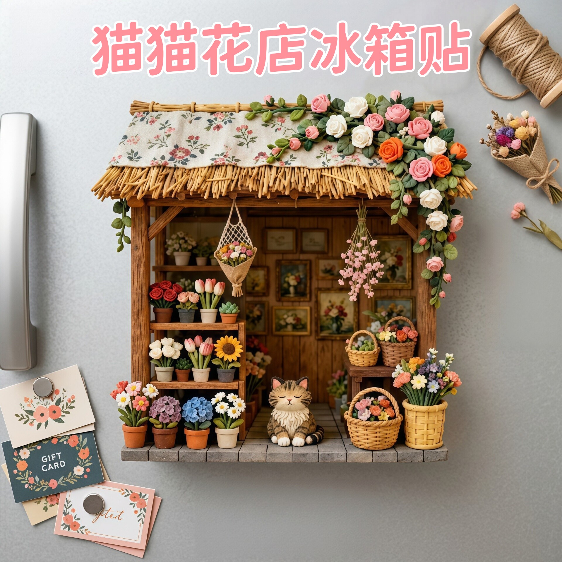 可爱猫猫花店立体浮雕冰箱贴