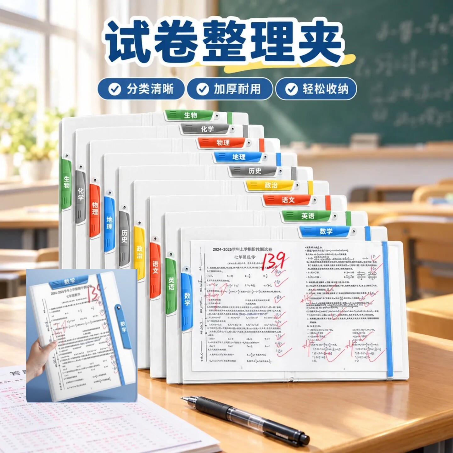 全科目试卷收纳袋文件夹升级绑带小学初中高中生a3a4双拉杆大容量