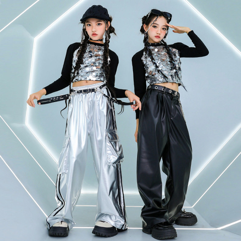 爵士舞服装女童jazz女孩炸街银黑