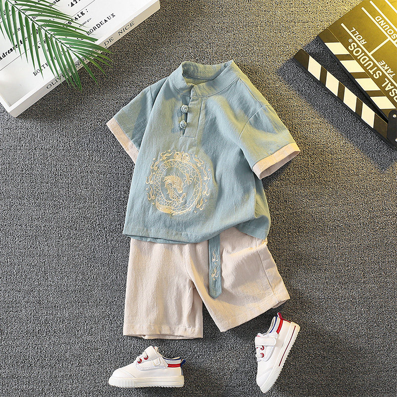 男童夏季汉服短袖套装国学唐装男宝宝复古棉麻演出服儿童周岁礼服