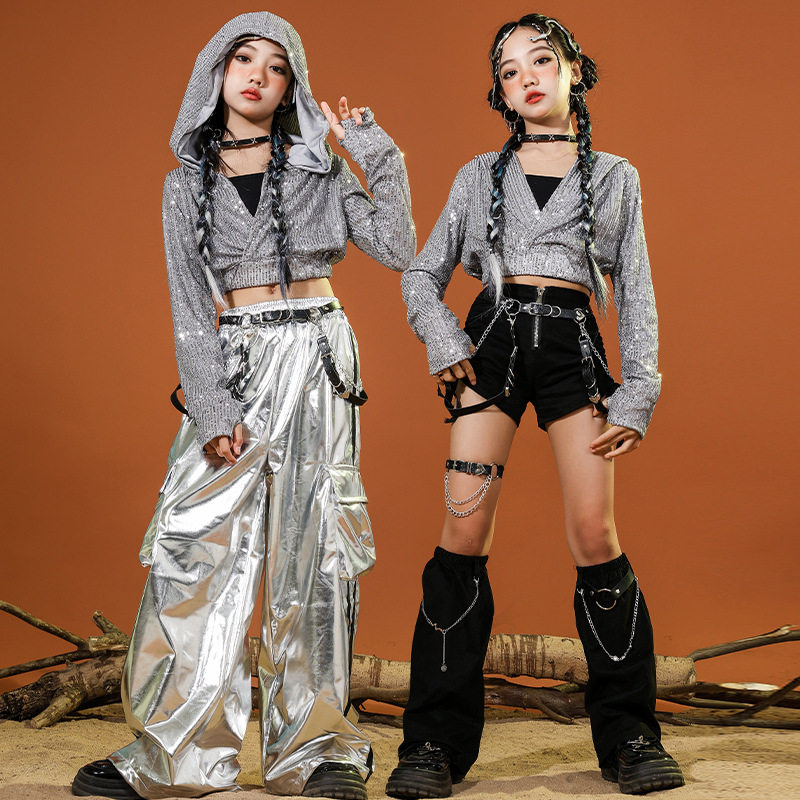 少儿爵士舞服装露脐女童黑银亮片