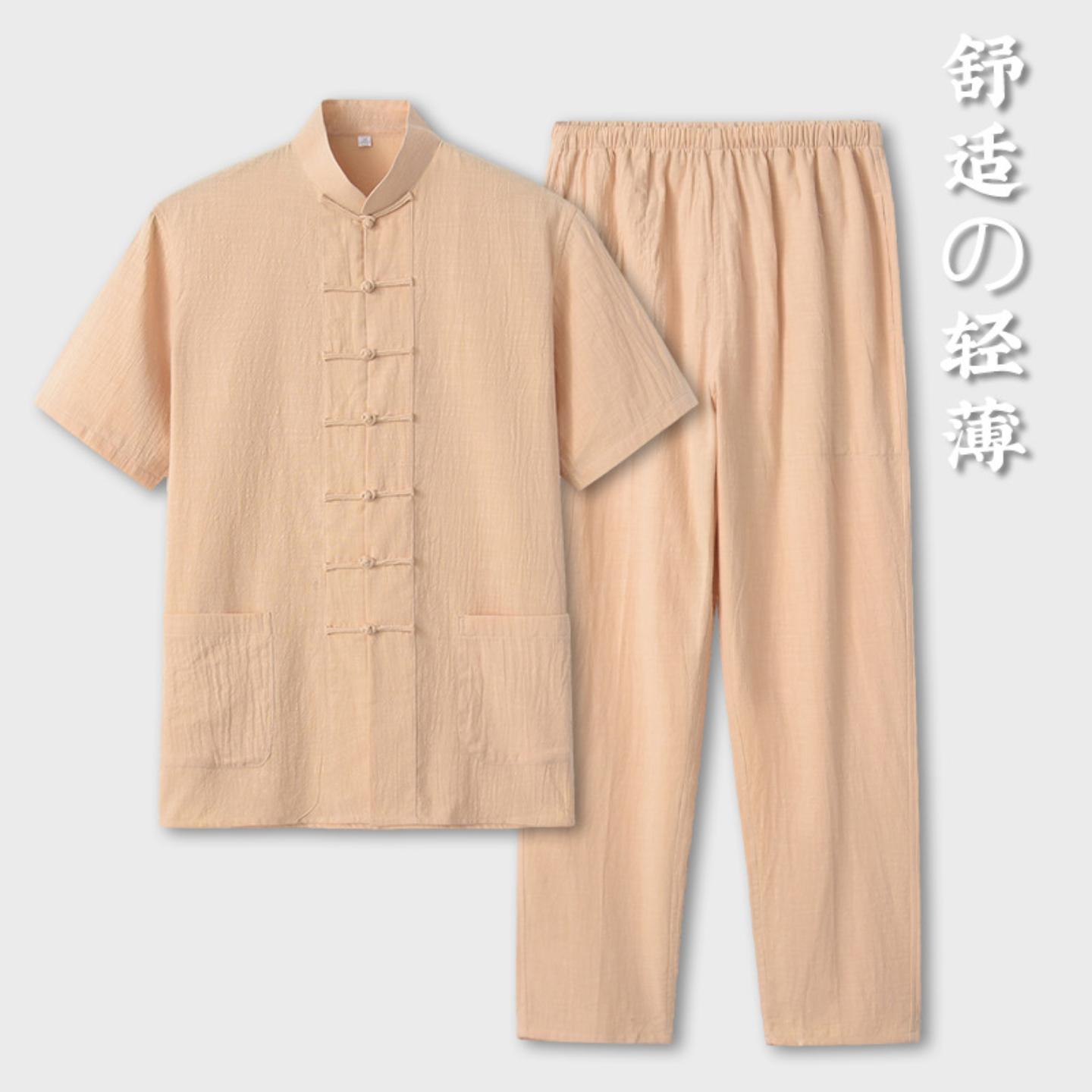 短袖唐装男竹节棉套装夏季中老年