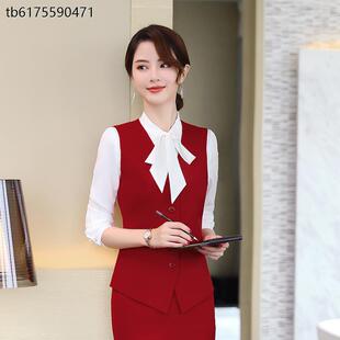 红色职业装短款马甲女酒店员制服销售马夹工装套装工作服