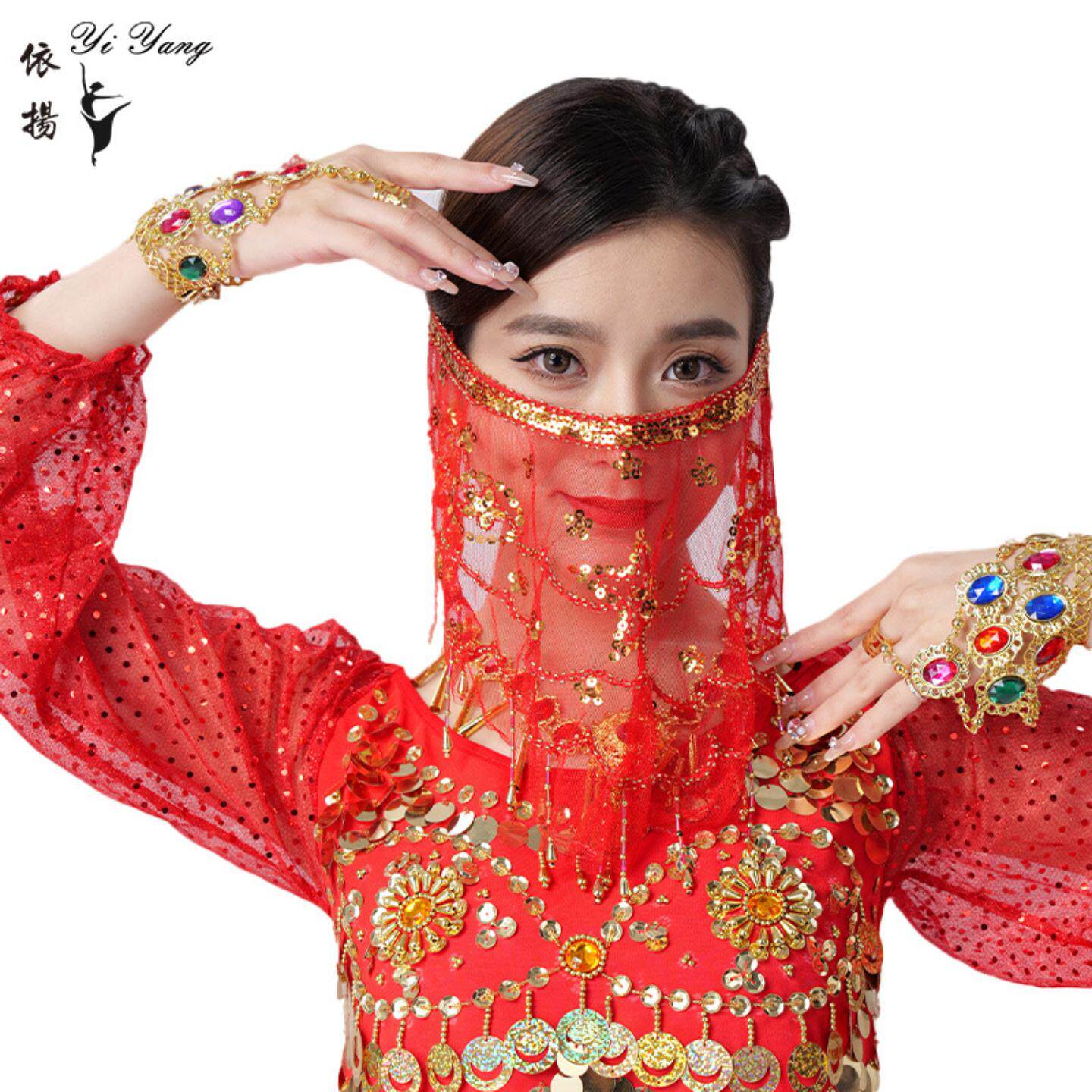 肚皮舞亮片梅花面纱印度舞蹈服装