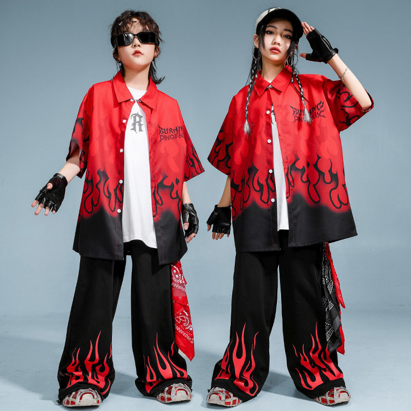 街舞儿童潮服嘻哈短袖黑红演出服