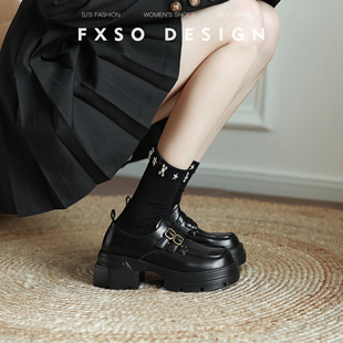 FXSO方巷真皮厚底小皮鞋女2025年春季新款英伦风百搭粗跟乐福鞋女