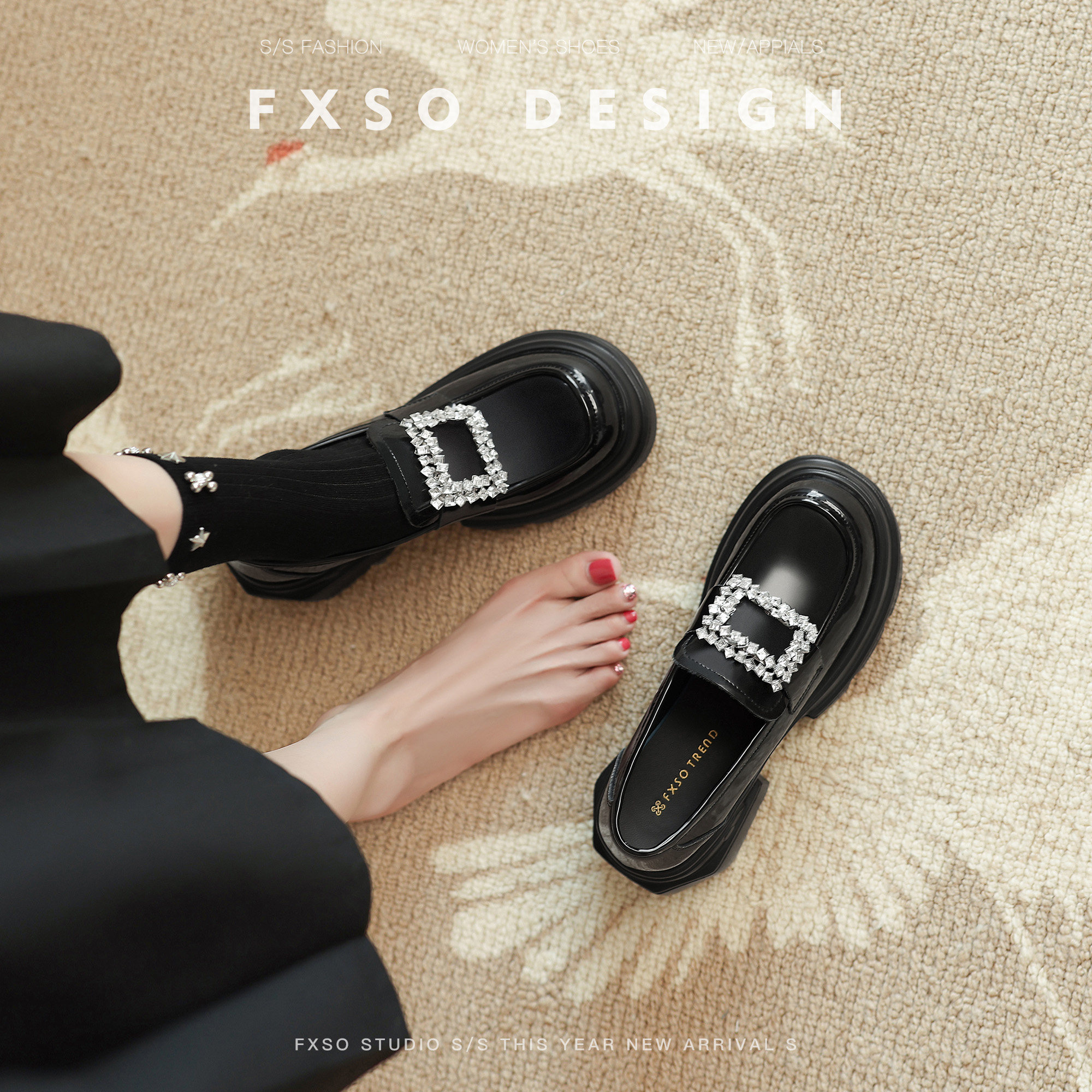 FXSO方巷真皮厚底乐福鞋小皮鞋女2025秋季新款水钻方扣粗跟单鞋子