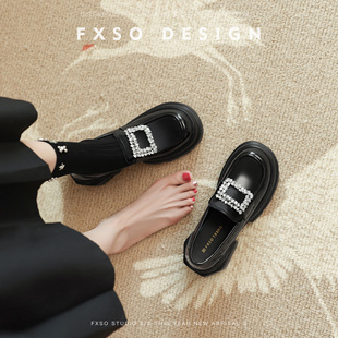 FXSO方巷真皮厚底乐福鞋小皮鞋女2025秋季新款水钻方扣粗跟单鞋子