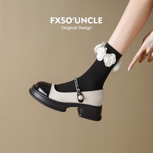 真皮FXSO方巷2025秋冬新款小香风粗跟小皮鞋子厚底玛丽珍单鞋女鞋