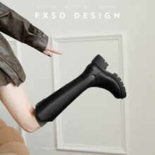 真皮 FXSO方巷2025春秋季新款V口长筒靴粗高跟加绒骑士靴长靴子女