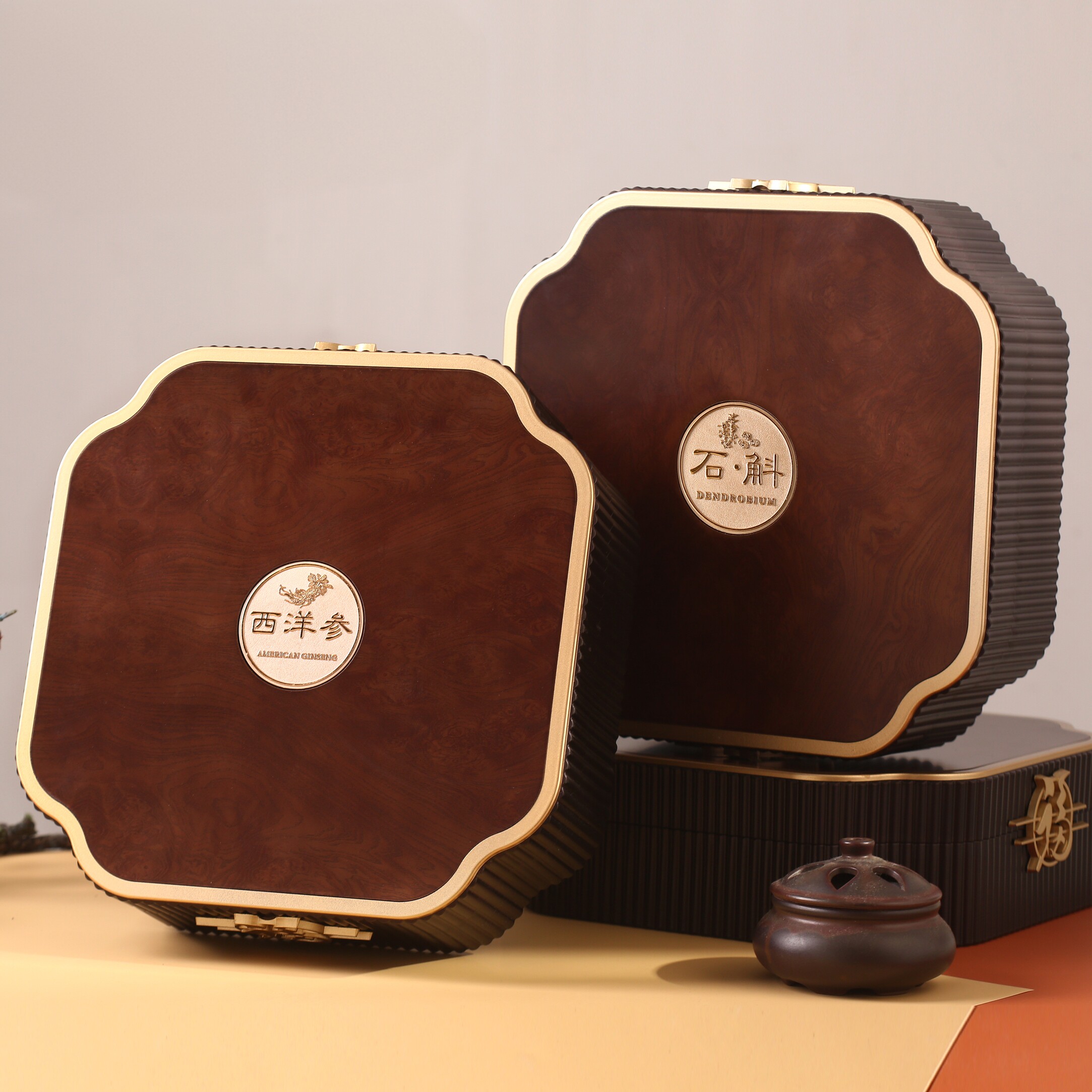 新款西洋参礼盒高档木纹礼盒石斛包装红参片羊肚菌滋补品礼盒空盒