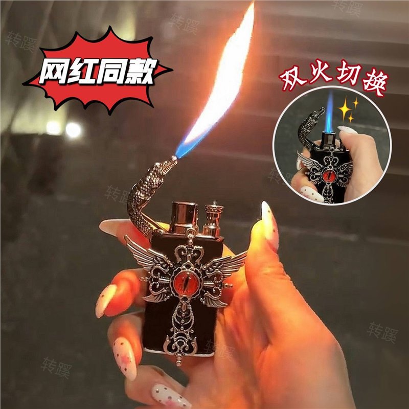 网红恶魔之眼KT猫双火切换防风打火机充气创意手作送男女友耐用潮