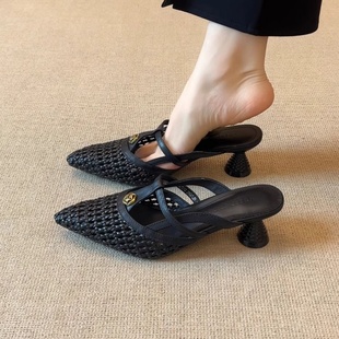 编织镂空外穿拖鞋 小众气质尖头山茶花包头凉鞋 法式 新款 女2025夏季