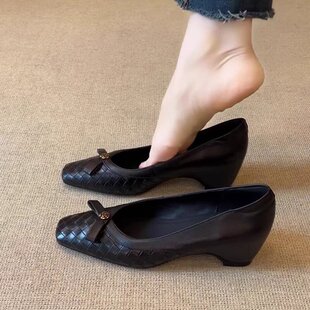 一脚蹬通勤工作鞋 女2026新款 内增高5cm编织浅口蝴蝶结单鞋 软皮版