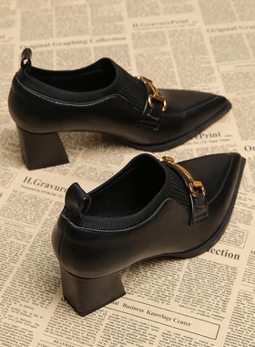 软皮松紧口法式深口尖头单鞋女2025秋冬款黑色工作通勤高跟小皮鞋