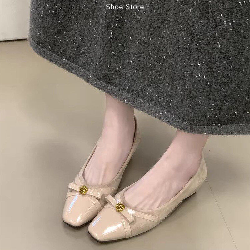 方头蝴蝶结坡跟单鞋2026新款复古绒面通勤山茶花春秋百搭气质鞋子