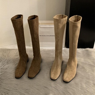 粗跟尖头绒面瘦瘦长筒靴女2025年新款秋冬季时尚长靴中筒骑士靴子